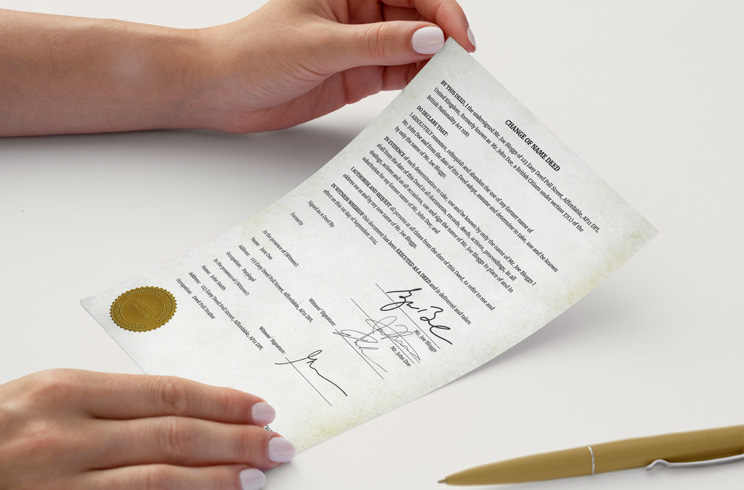 Sample deed poll certificate printed on premium paper with an embossed gold seal